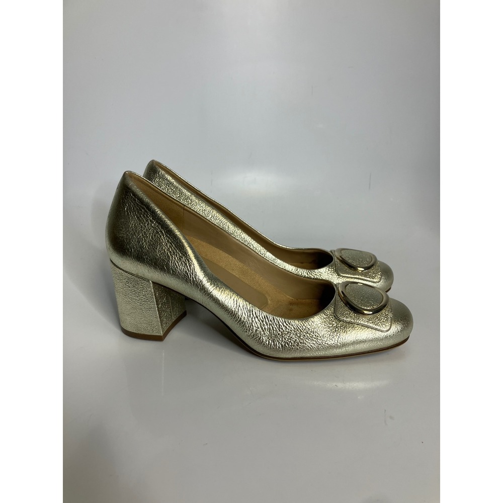 Naturalizer Wright Pumps Women 7.5M Gold Good Metallic Block Heel Buckle Leather